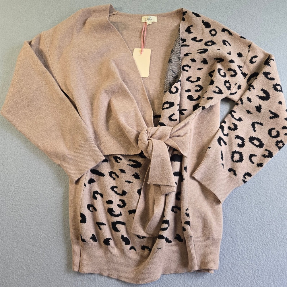Entro Leopard Print Tie Front Cardigan Womens Large Tan Black Wrap Knit T16703